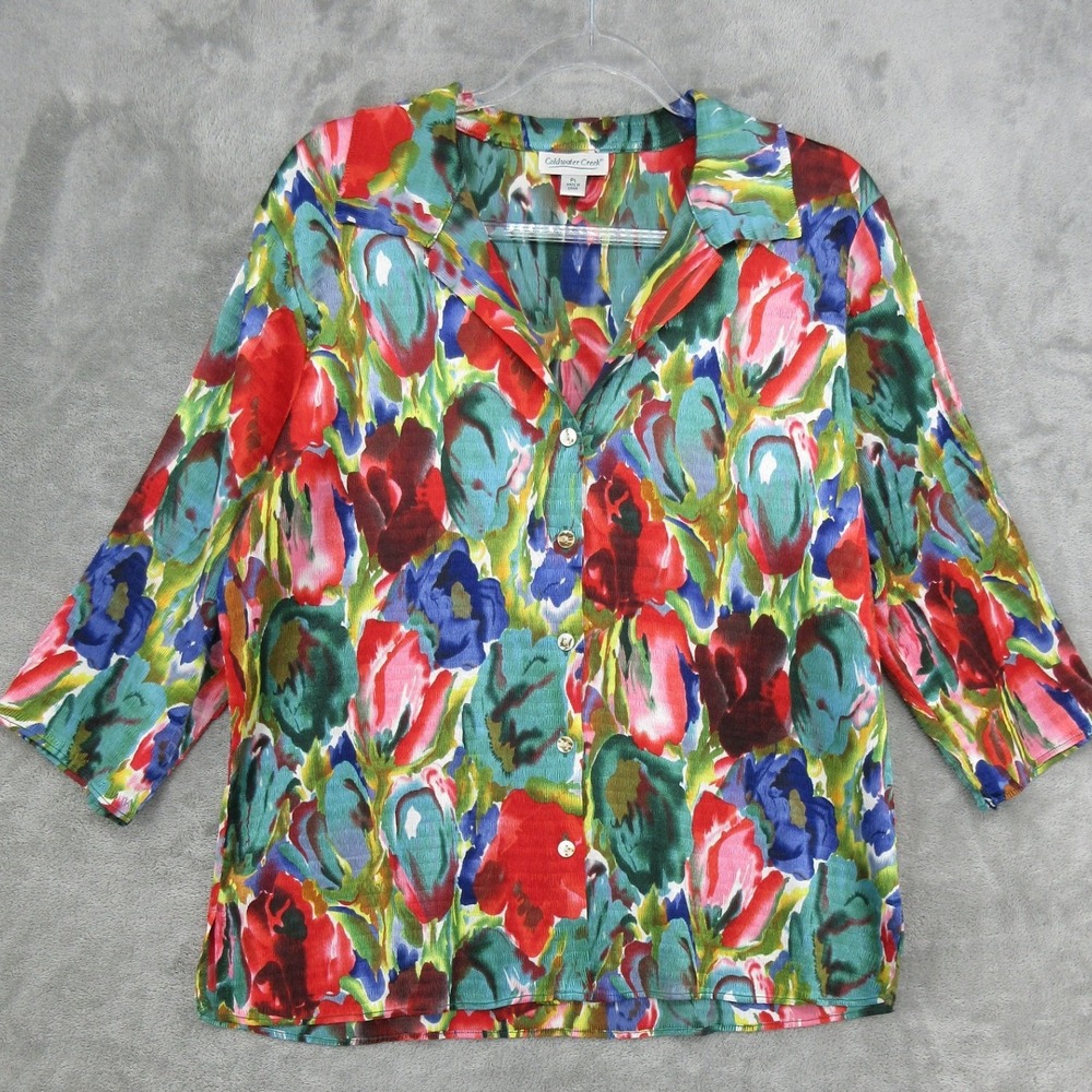 Coldwater Creek Top Womens Size Large Petite Floral Button Front Stretch Satin